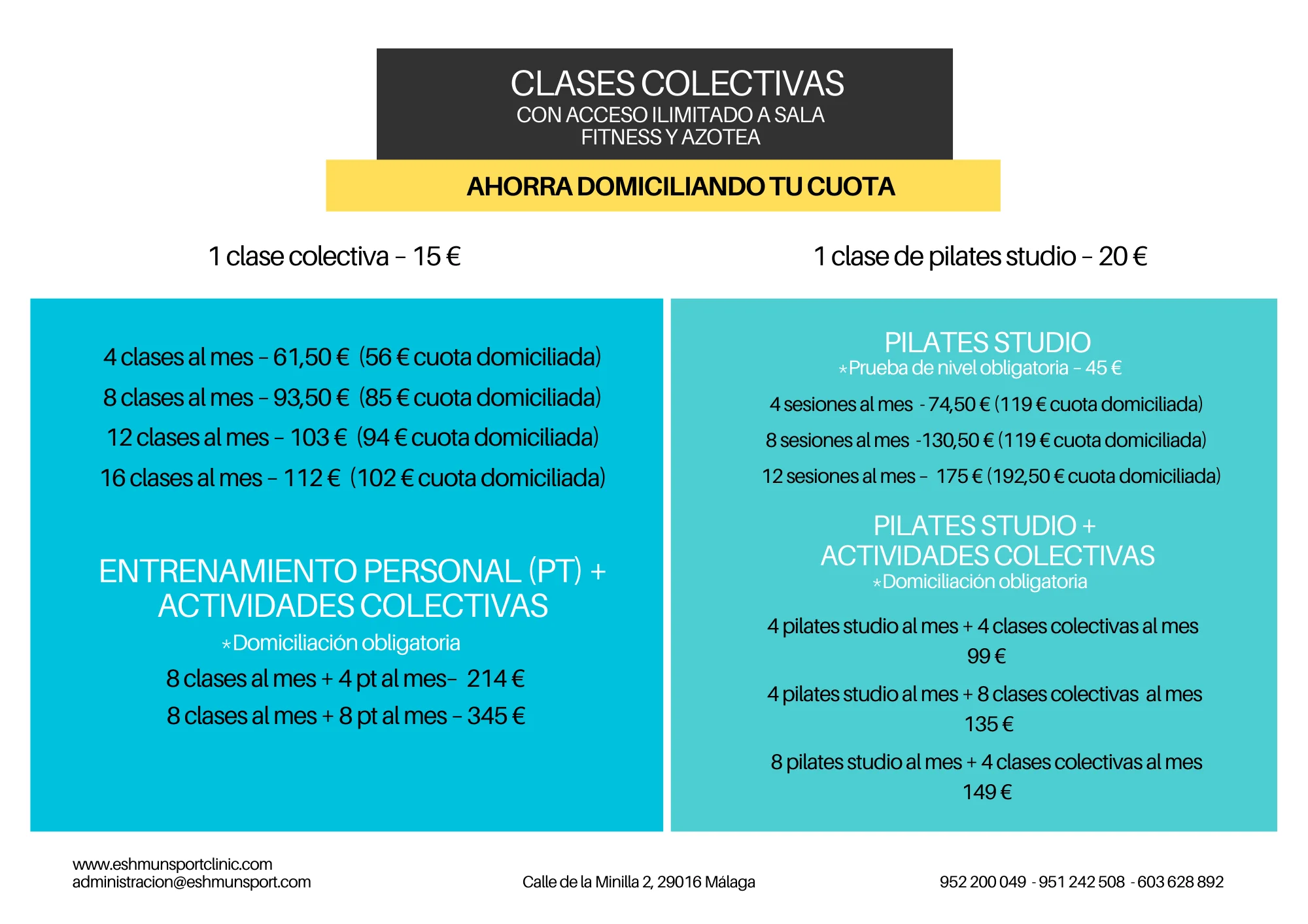 tarifas actividades colectivas eshmun sport clinic 2026